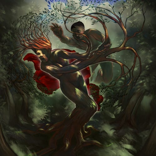 Daphne escapes Apollo by transforming into a Laurel tree painting