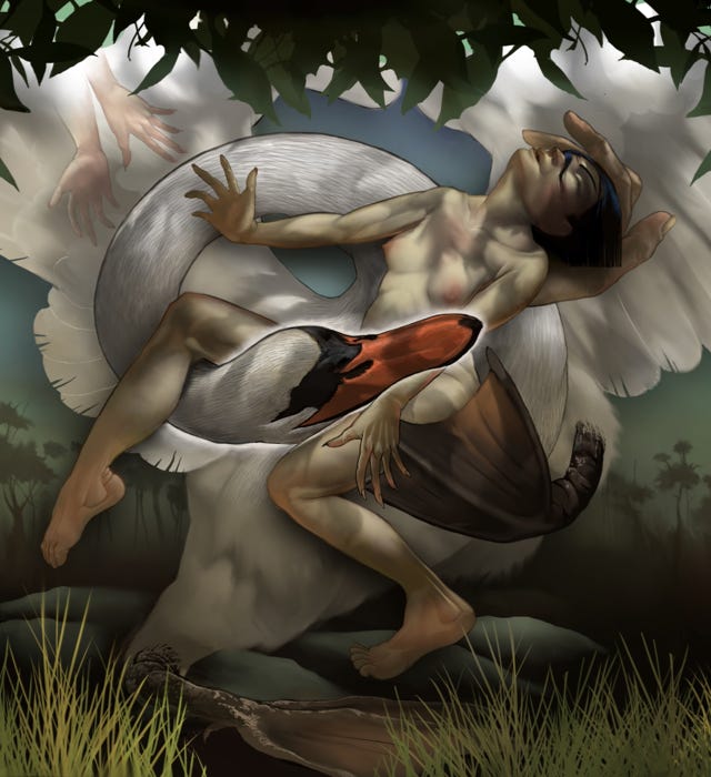 Leda copulating with Zeus disguised as a swan